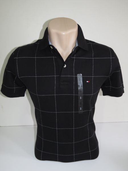 Camisa Polo Preta com listras quadriculadas branca Tam P